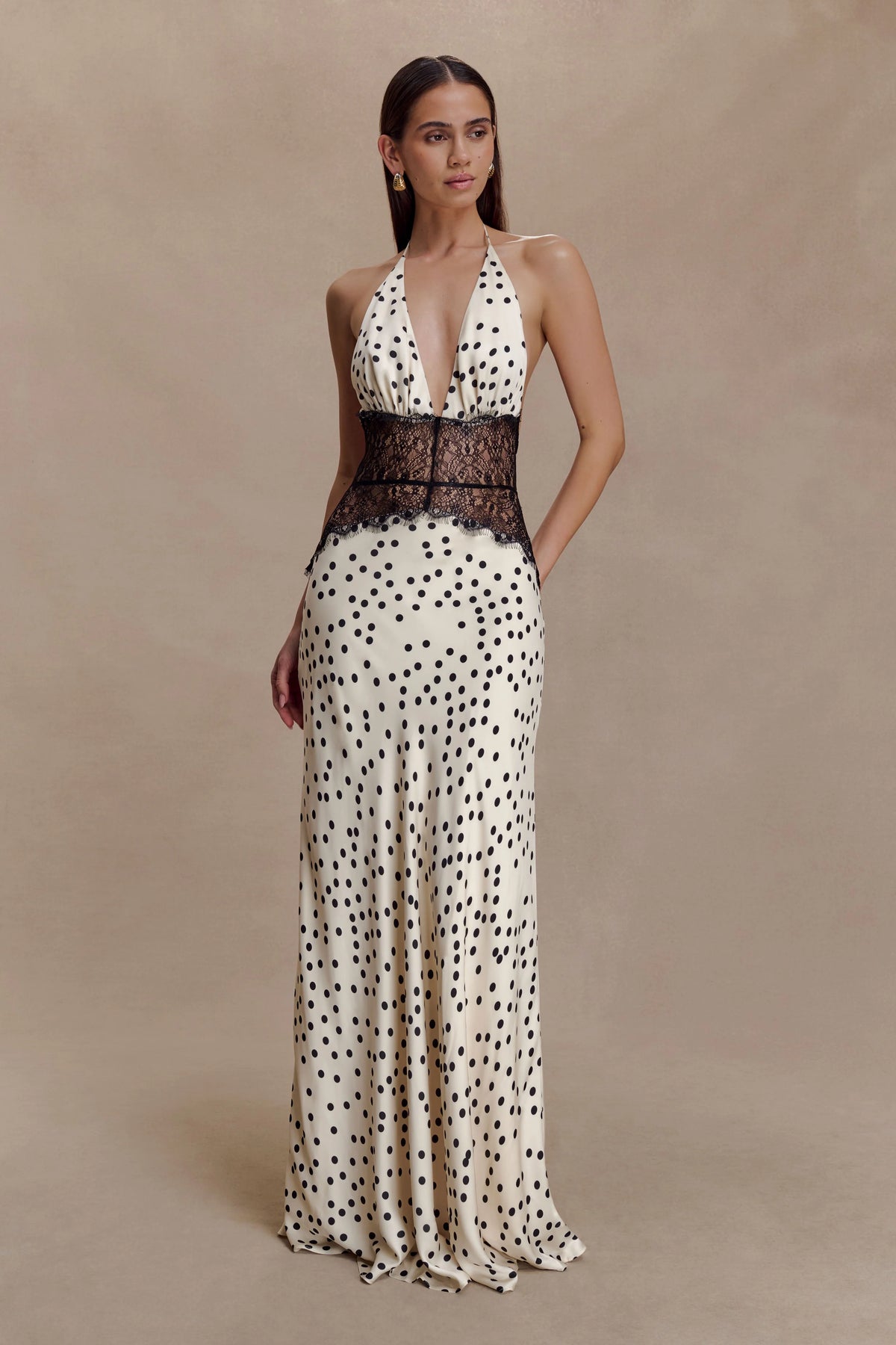 Aesha Backless Halter Dress with Deep V Neck, Satin Patchwork