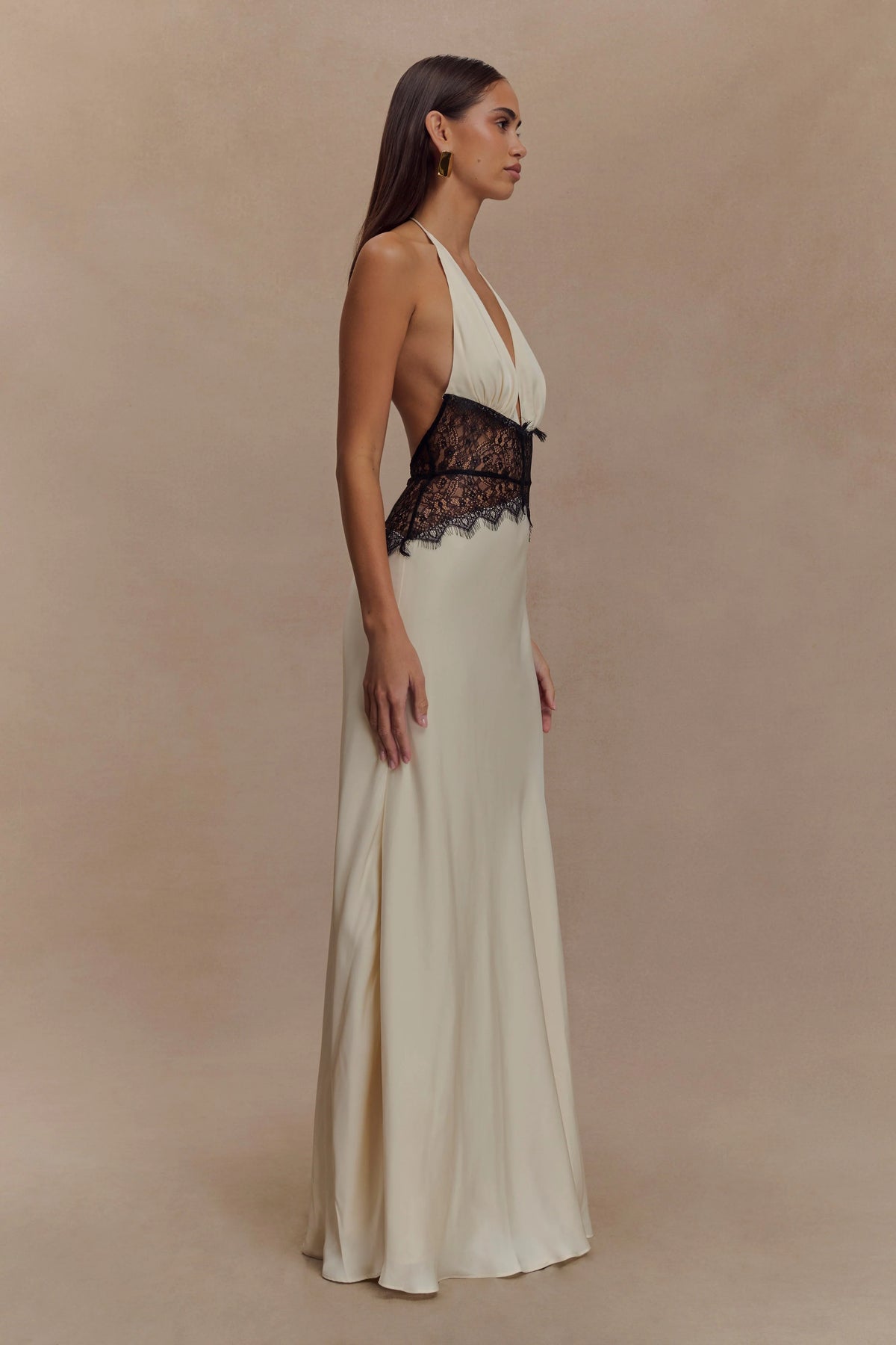 Aesha Backless Halter Dress with Deep V Neck, Satin Patchwork