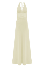 Aesha Backless Halter Dress with Deep V Neck, Satin Patchwork