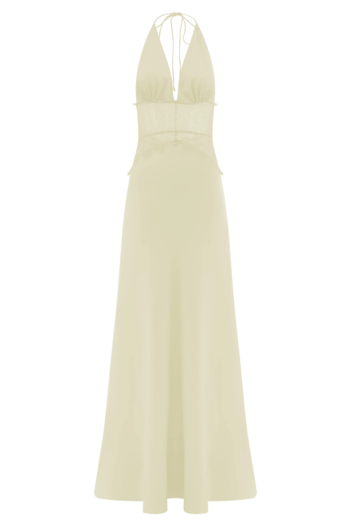 Aesha Backless Halter Dress with Deep V Neck, Satin Patchwork