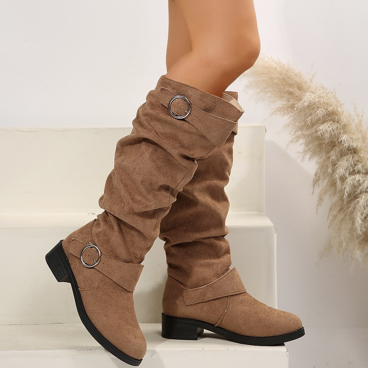 Buckle Round Toe Block Heel Boots Trendsi