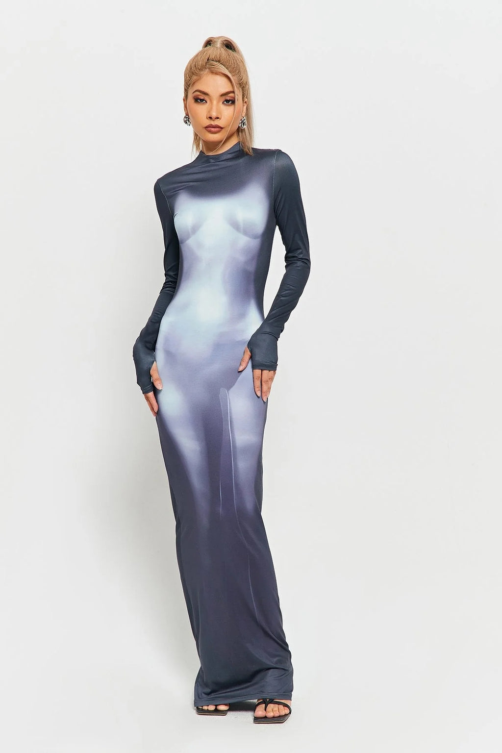 3D Body Printing Super Long Sleeve Body Robe Party Dress aclosy