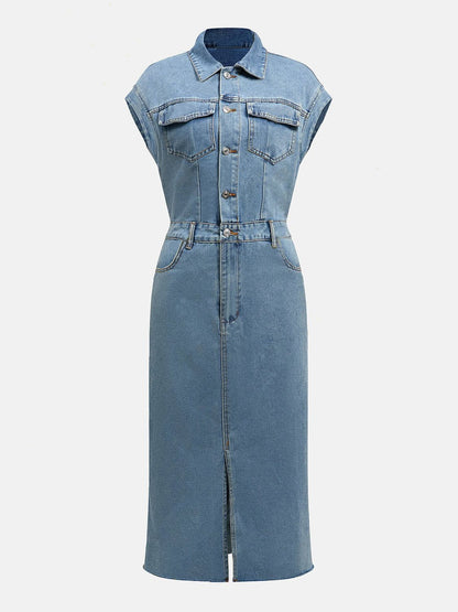 Slit Half Button Collared Neck Cap Sleeve Denim Dress Trendsi