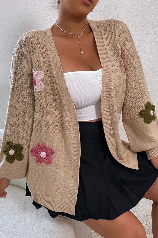 Floral Applique Drop Shoulder Open Front Cardigan Trendsi