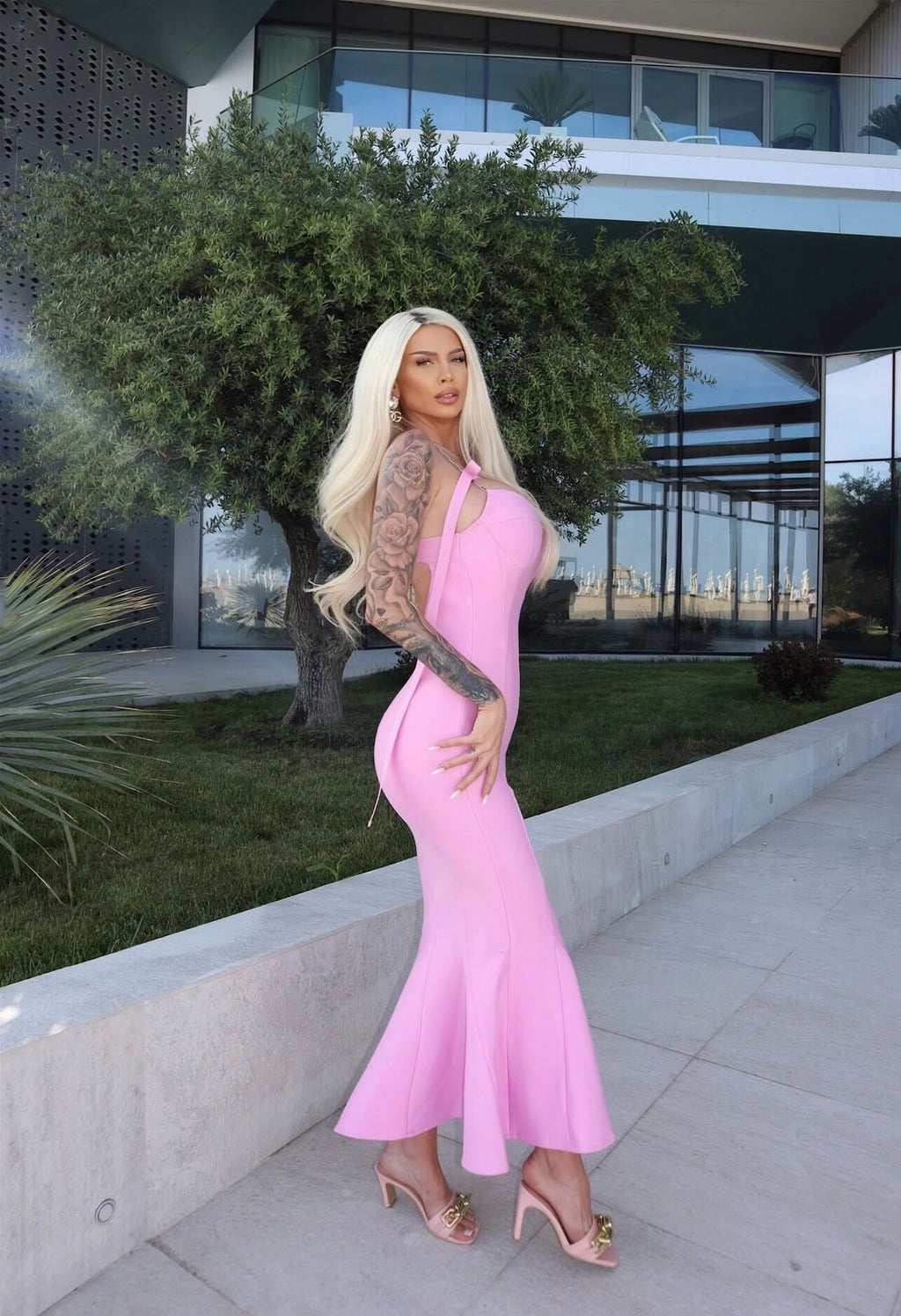 Women's Pink Chain Fishtail Bandage One-piece Dress Aclosy