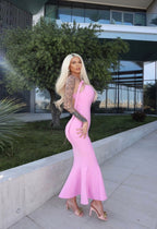 Women's Pink Chain Fishtail Bandage One-piece Dress Aclosy