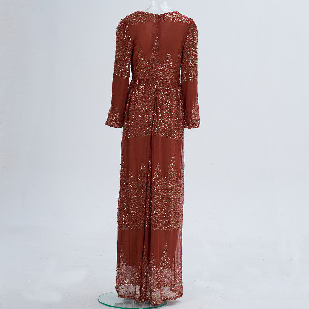 Rust sequin maxi dress back on mannequin