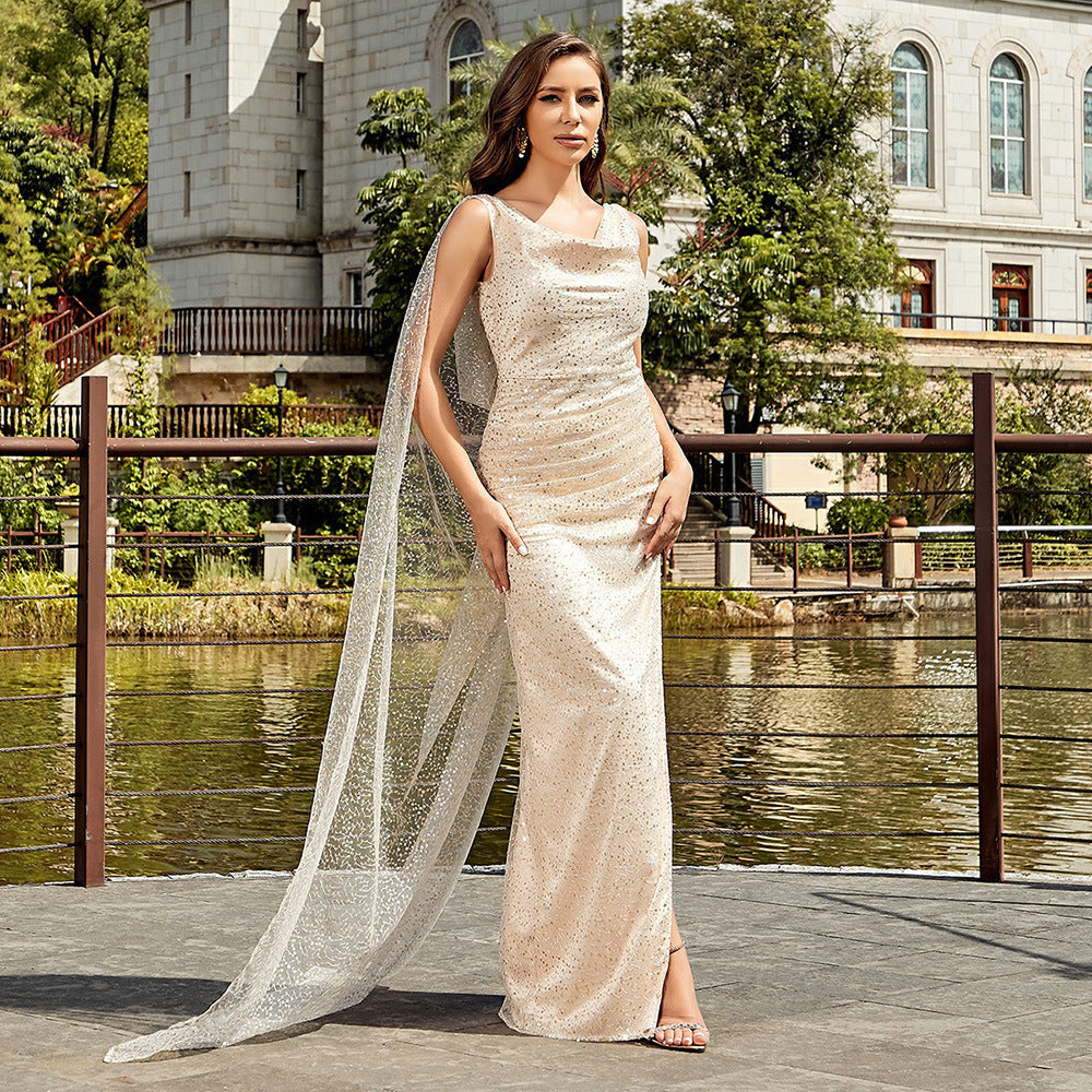 Apricot Mesh Sleeveless Strap Cloak Sequined Long Dress Aclosy