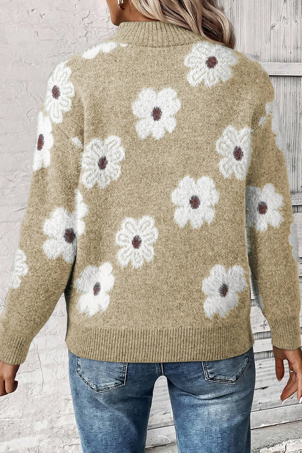 Flower Half Zip Long Sleeve Sweater Trendsi