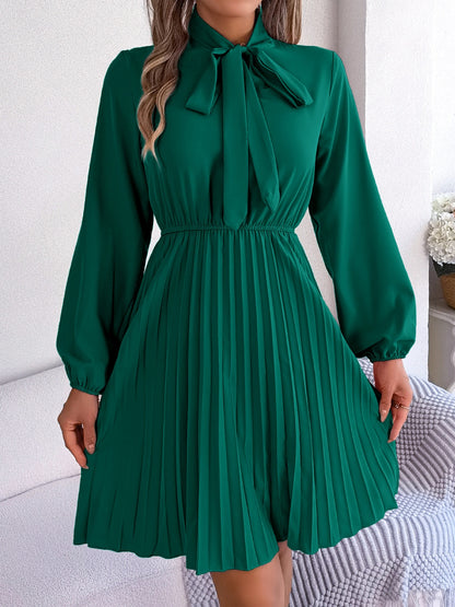 Tie Neck Balloon Sleeve Pleated Dress Trendsi