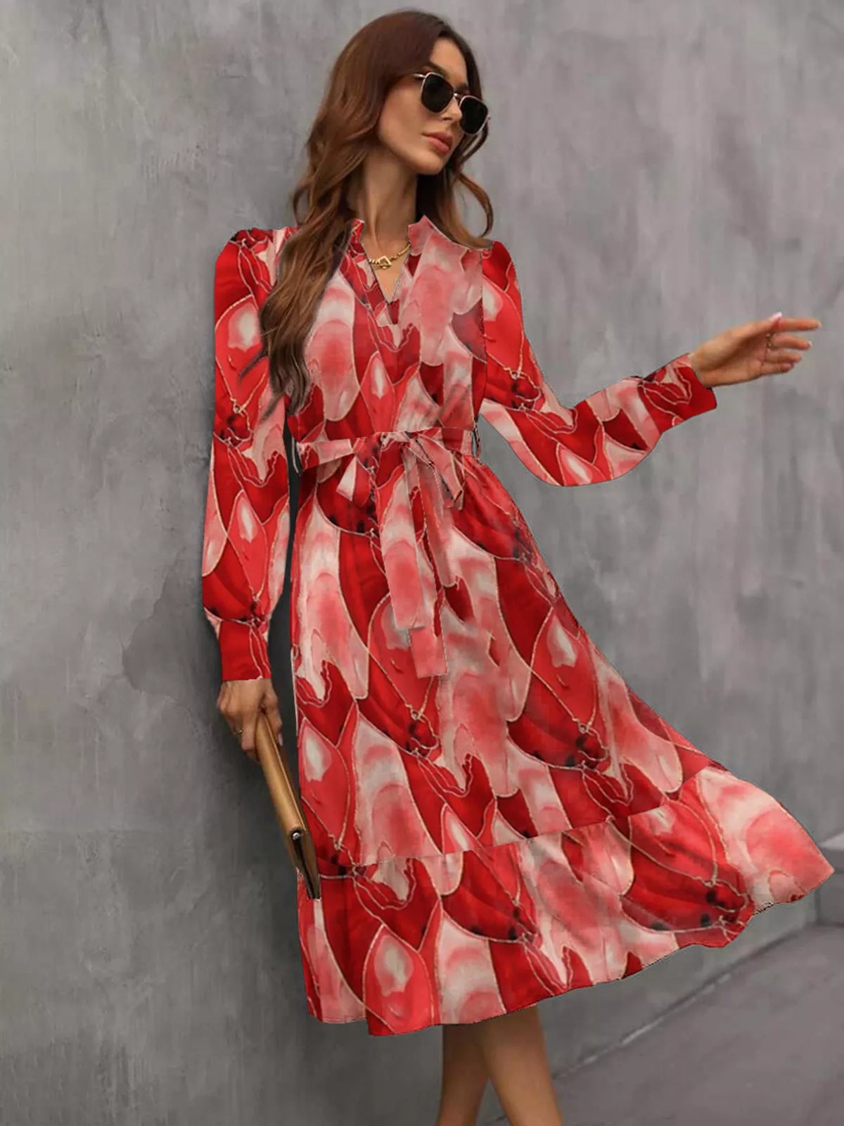 Notched Tie Waist Long Sleeve Dress