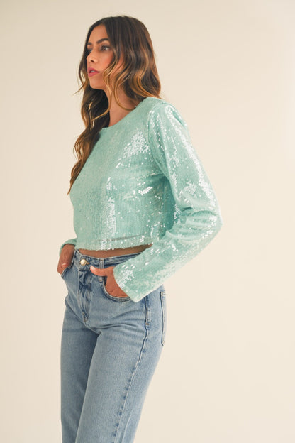 MABLE Shoulder Padded Sequin Crop Top Trendsi