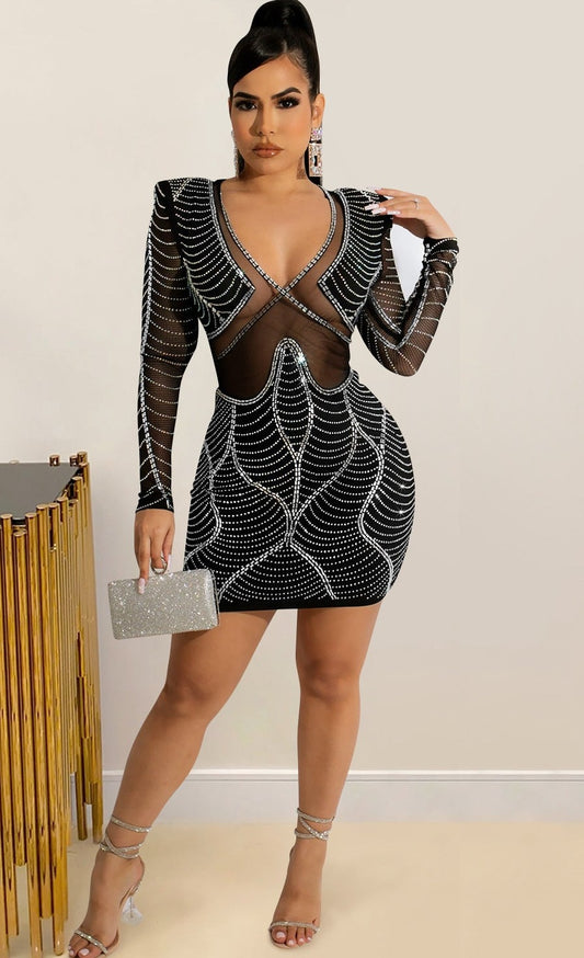 Long Sleeve Hot Drill Gauze See Through Dress aclosy