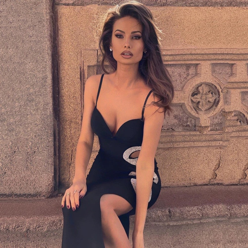 Hollow Jeweled Side Slit Sling Bandage Knitted Dress aclosy