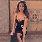 Hollow Jeweled Side Slit Sling Bandage Knitted Dress aclosy