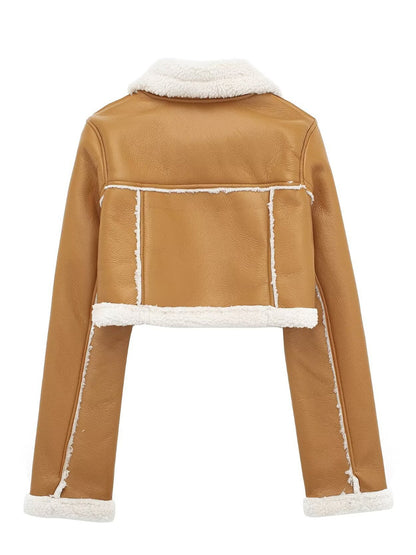 Collared Neck Long Sleeve Plush Cropped Jacket Trendsi