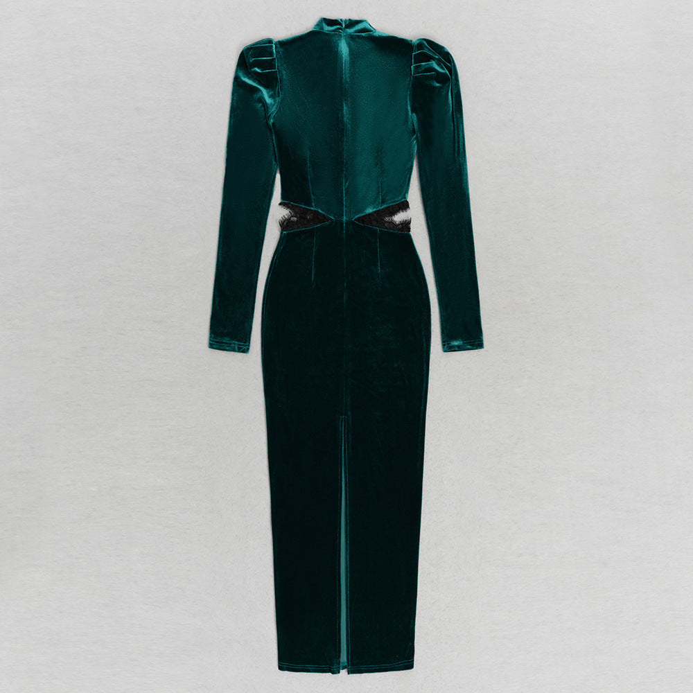 Bubble Long Sleeve Hollow Velvet Dress aclosy