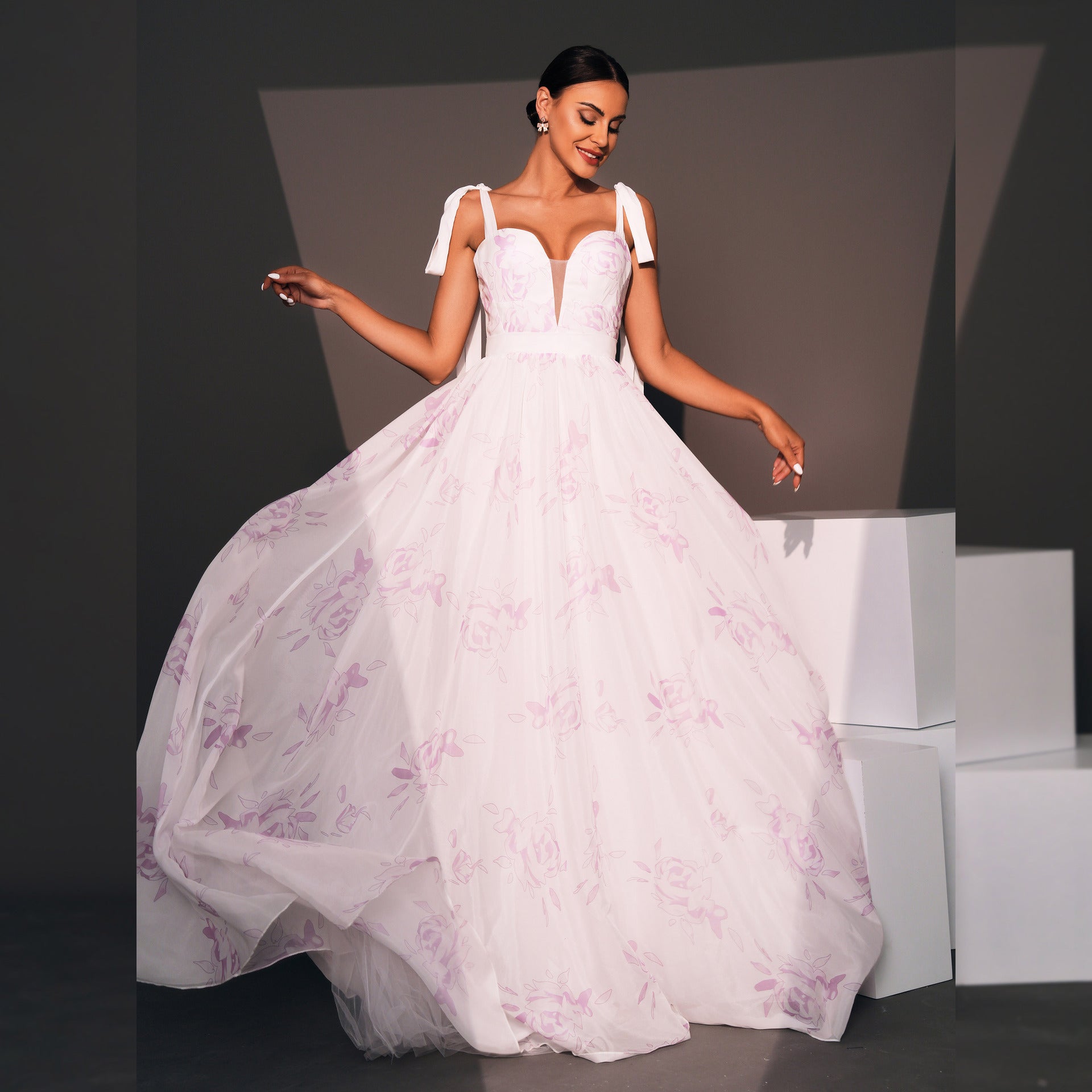 Sleeveless Off-the-shoulder Strap Banquet Printed Large Swing Evening Dress aclosy