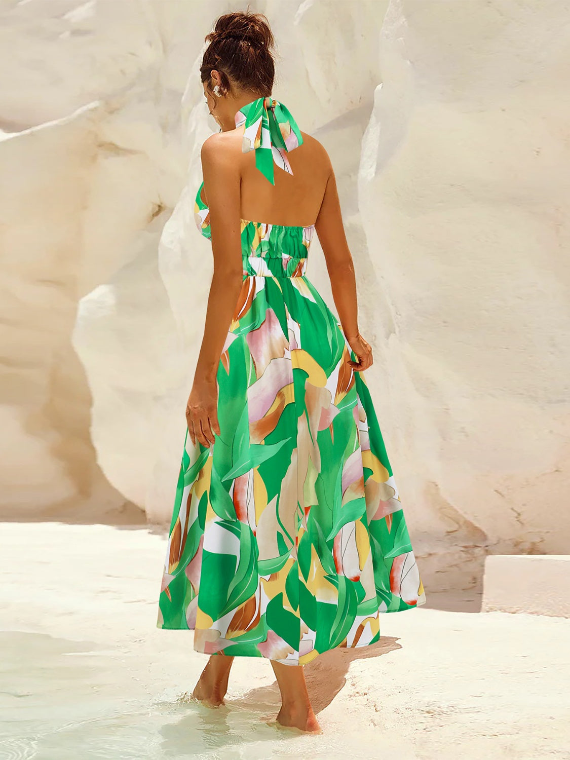 Ruched Printed Halter Neck Sleeveless Dress Trendsi