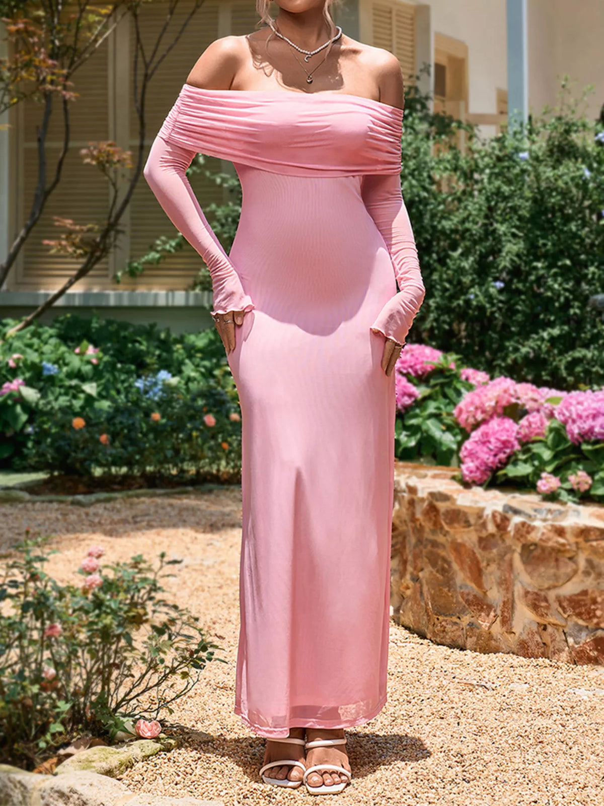 Off-Shoulder Ruched Long Sleeve Maxi Dress