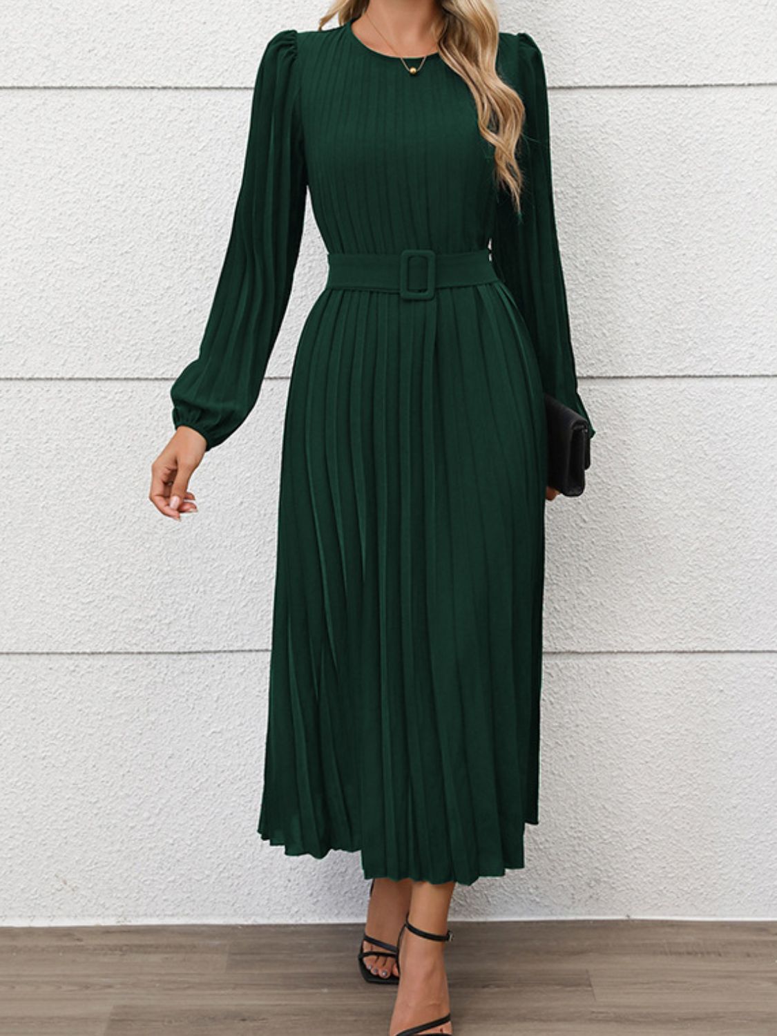 Perfee Pleated Round Neck Long Sleeve Midi Dress Trendsi