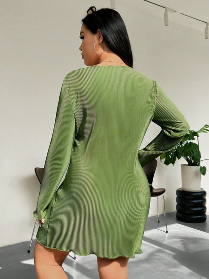 Honey Plus Size Lettuce Hem Round Neck Long Sleeve Dress Trendsi