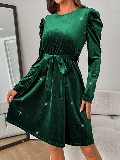 Glitter Round Neck Puff Sleeve Dress Trendsi