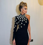 Gorgeous Affordable Luxury Slant Shoulder Long Sleeve Slim Fit Set Diamond Bandage One-piece Dress Aclosy