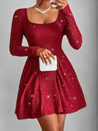 Backless Glitter Square Neck Long Sleeve Mini Dress Trendsi