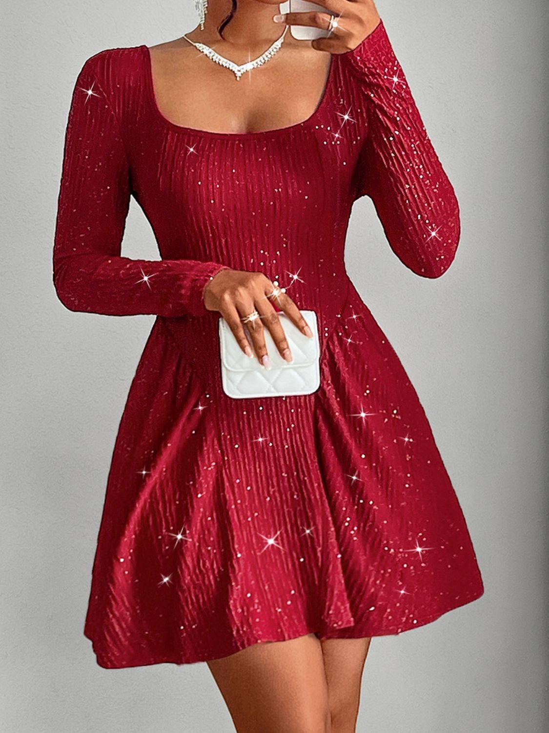 Backless Glitter Square Neck Long Sleeve Mini Dress Trendsi