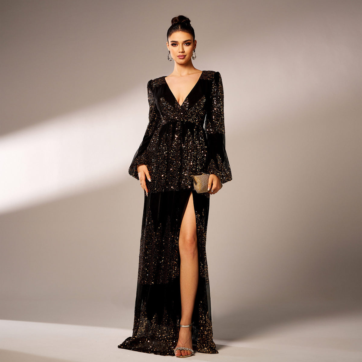 Black gold sequin maxi dress with clutch