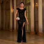Sleeveless Round Neck Sequins Slim Fit Slit Evening Gown #aclosyESL