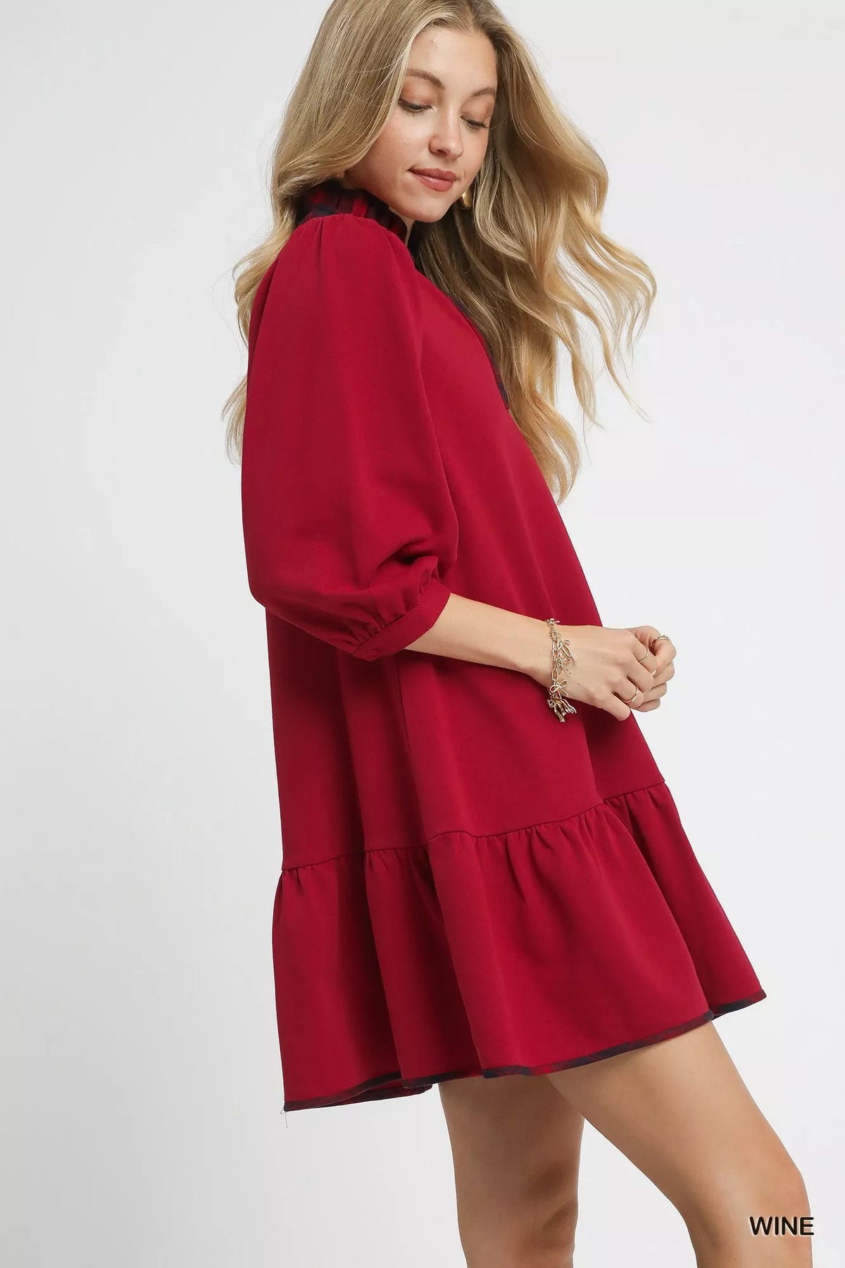 Umgee French Terry Ruffle Hem Dress with Plaid Trim