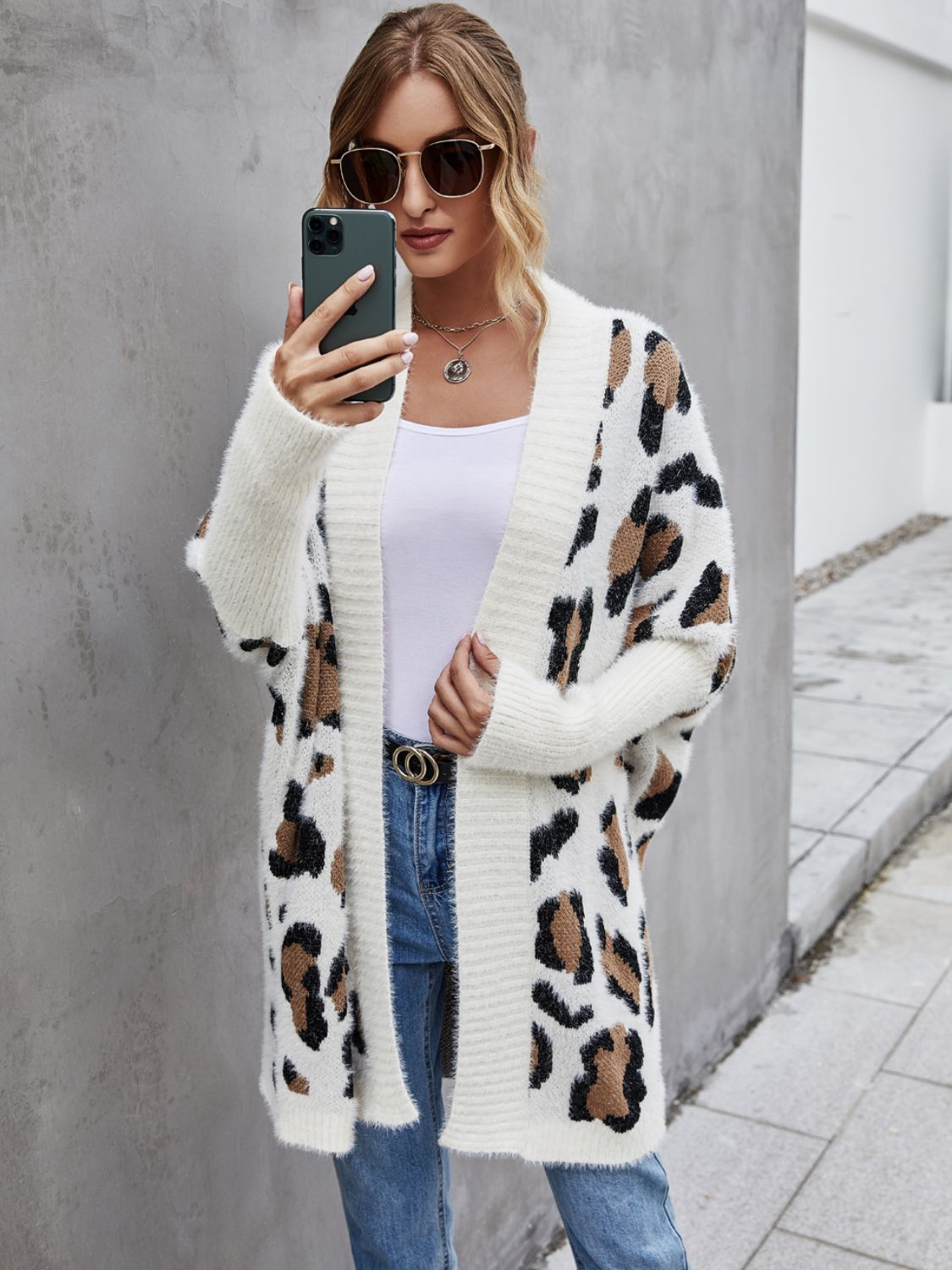 Angel Wings Leopard Pattern Fuzzy Cardigan Trendsi