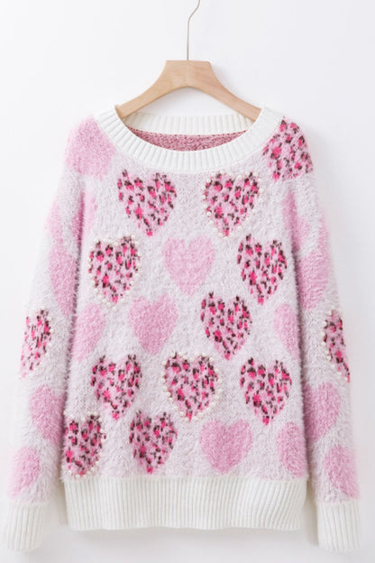 Pearl Detail Heart Round Neck Sweater Trendsi