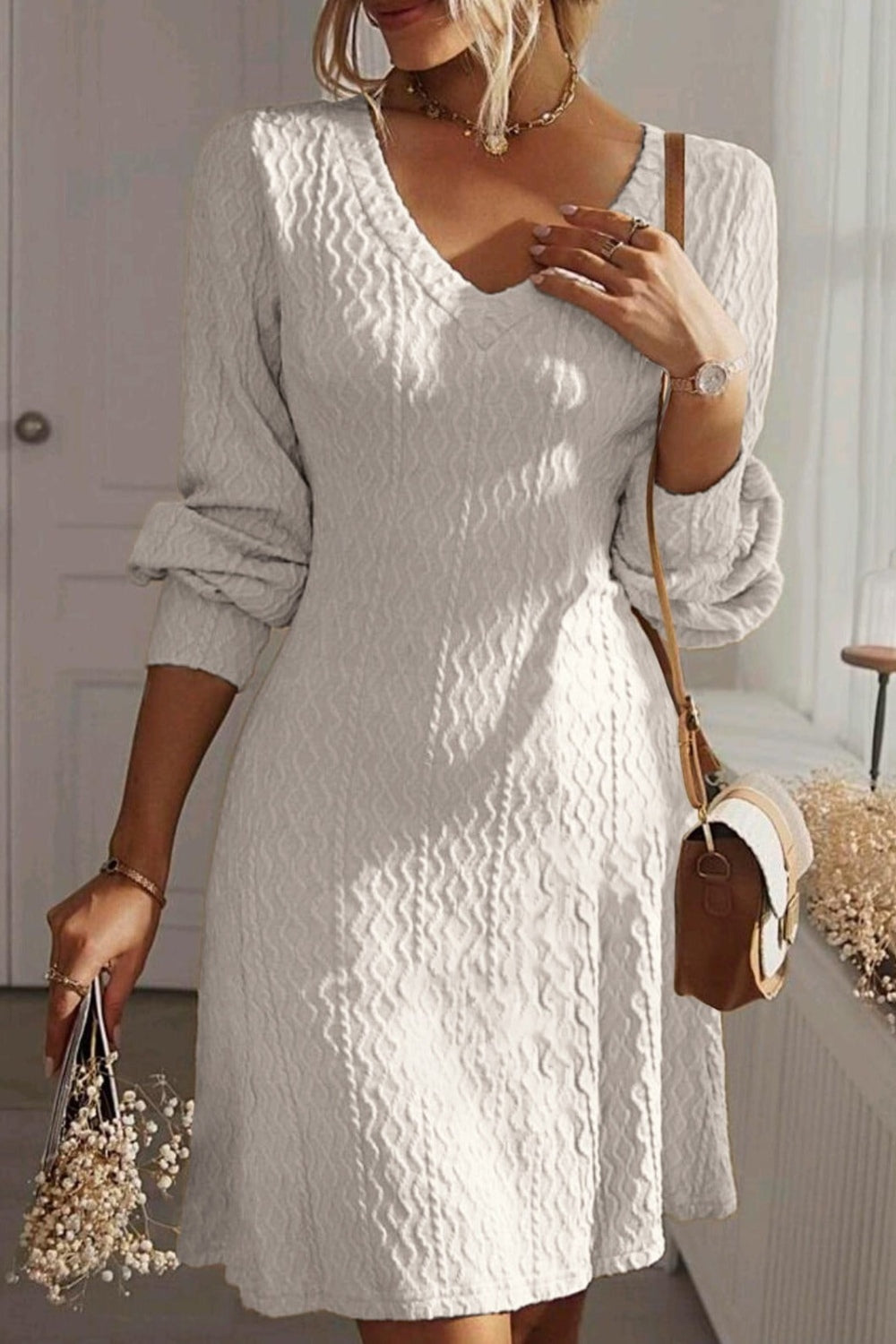 Texture V-Neck Long Sleeve Dress Trendsi