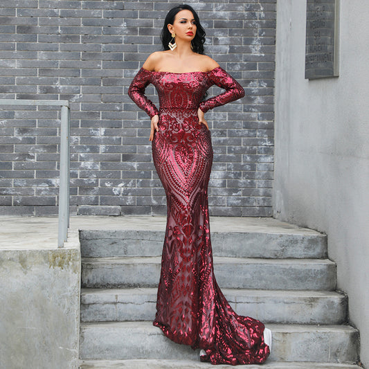 Classic sequined one-shouldered gown Aclosy