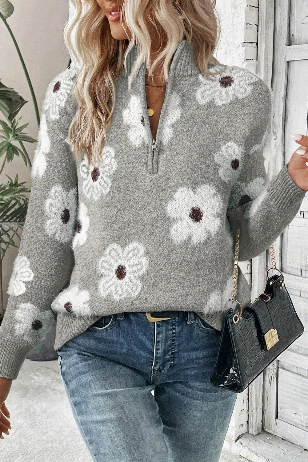 Flower Half Zip Long Sleeve Sweater Trendsi