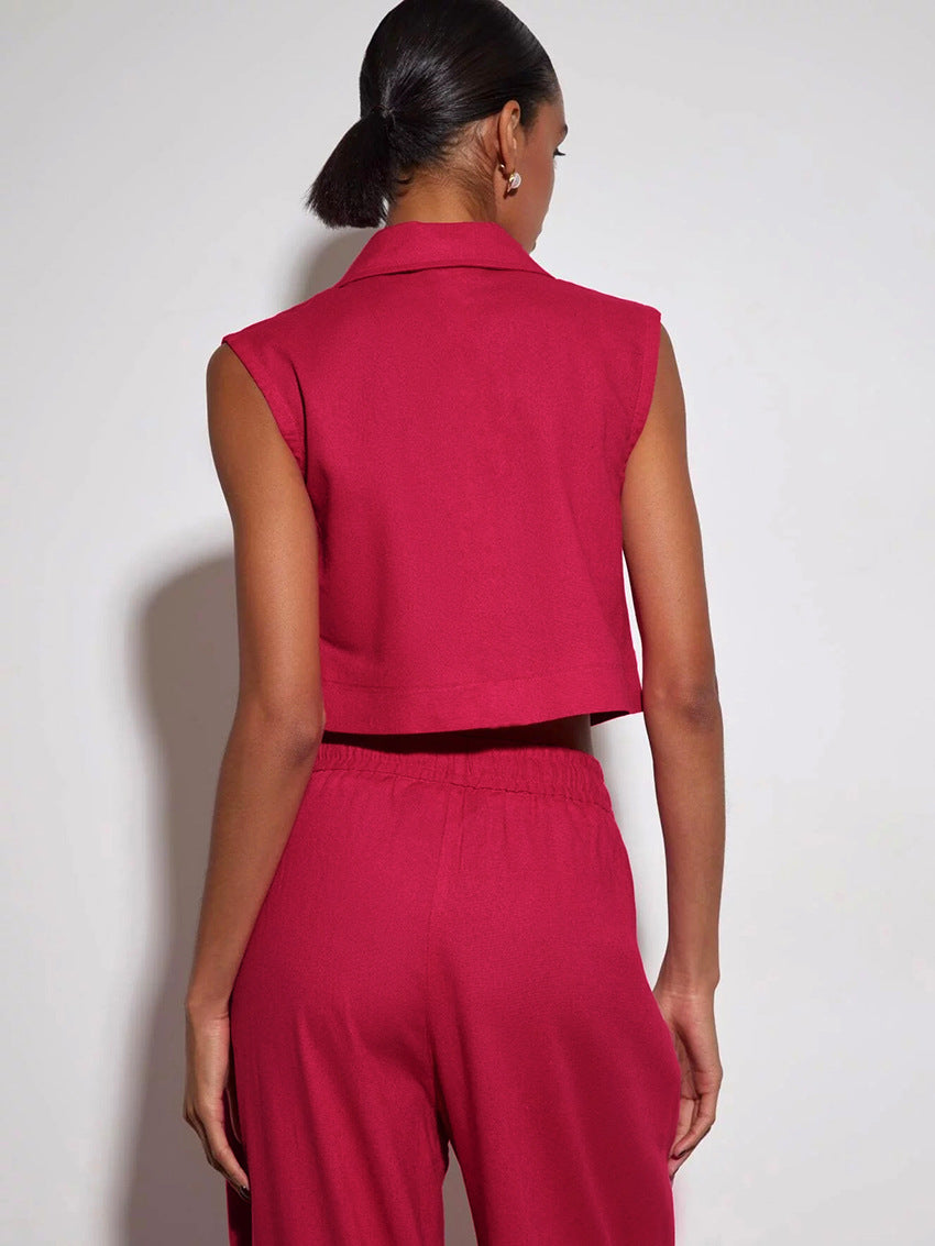 Vest High Waist Wide Leg Pants Suit Solid Color aclosy