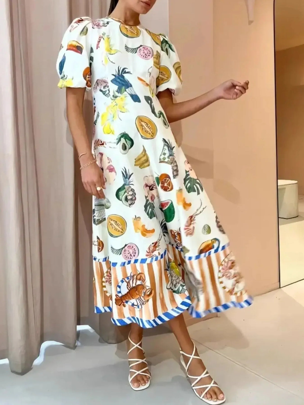 Printed Round Neck Puff Sleeve Dress