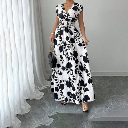 Women's Wrap V Neck Short Sleeve Empire Elastic Waist Summer Casual Elegant Maxi Long Dresses Aclosy
