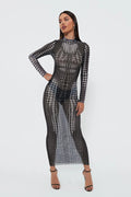 2023 Women's New Sexy See -through Mesh Printed High -waist Slim Long Dress aclosy