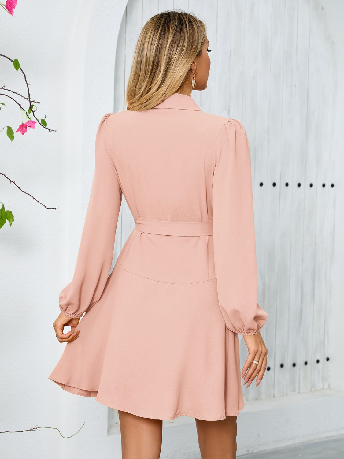 Surplice Tie Waist Long Sleeve Mini Dress Trendsi