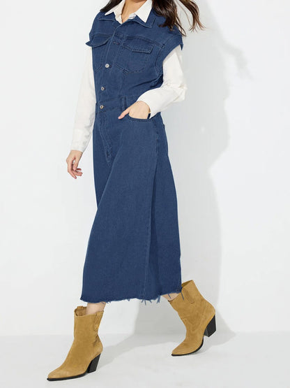 Slit Half Button Collared Neck Cap Sleeve Denim Dress Trendsi