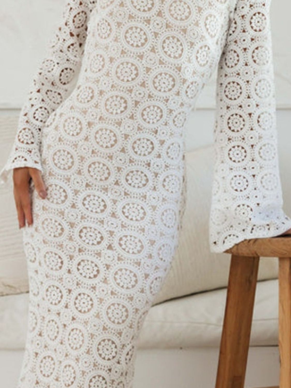 Lace Backless Round Neck Flare Sleeve Dress Trendsi