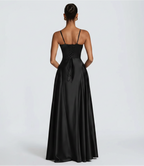 Alana Satin Cinched-Waist Maxi Evening Gown-Black