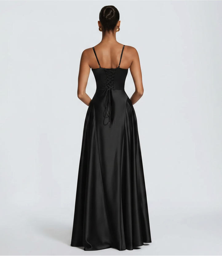 Alana Satin Cinched-Waist Maxi Evening Gown-Black