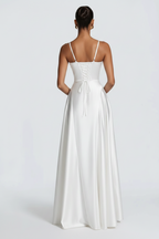 Alana Satin Cinched-Waist Maxi Evening Gown-White Aclosy