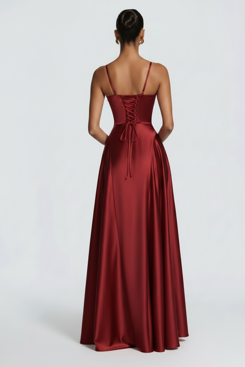 Alana Satin Cinched-Waist Maxi Evening Gown-Wine Red Aclosy