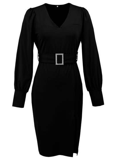 Slit V-Neck Long Sleeve Knee Length Dress Trendsi